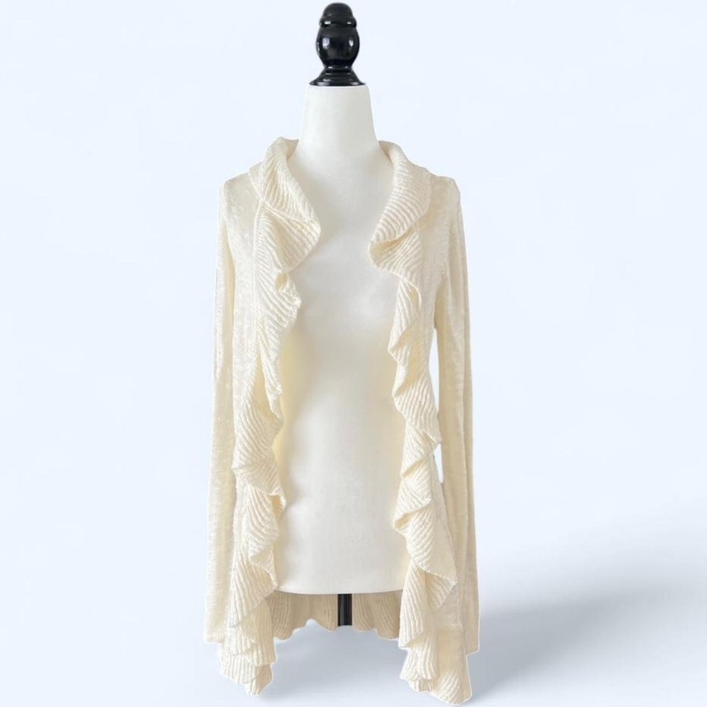 INC Cream Ruffle Cascade Open Cardigan Dainty Feminine Sweater Size S